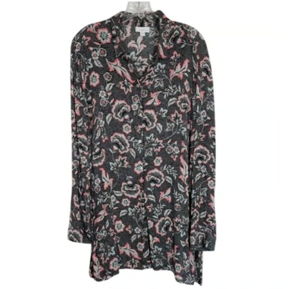 J. Jill Tunic Gray Pink Floral Collared Button Up Casual Grandma Womens Sz Small - Picture 1 of 6